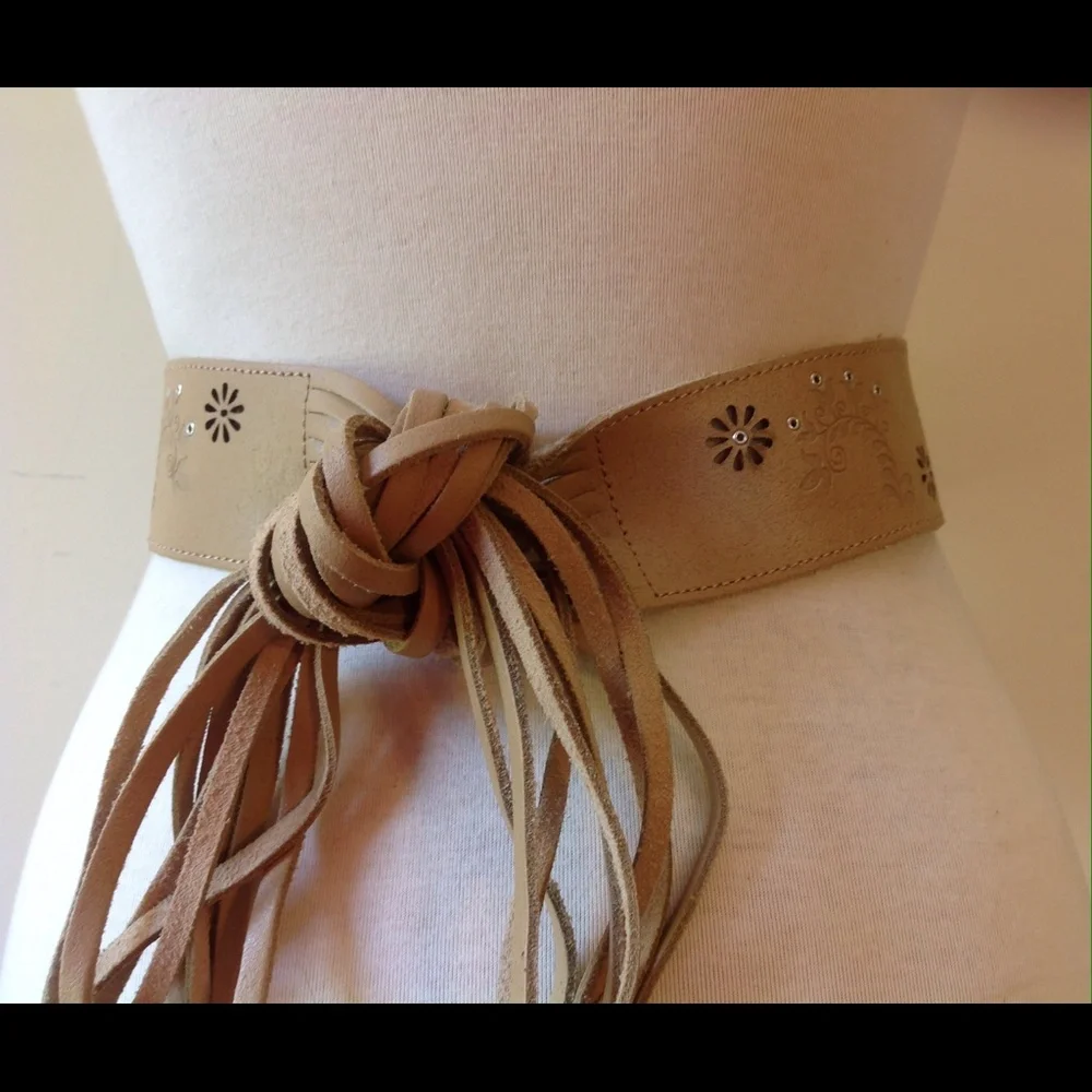 Vintage Brown Leather Fringe Belt Caramel Stud